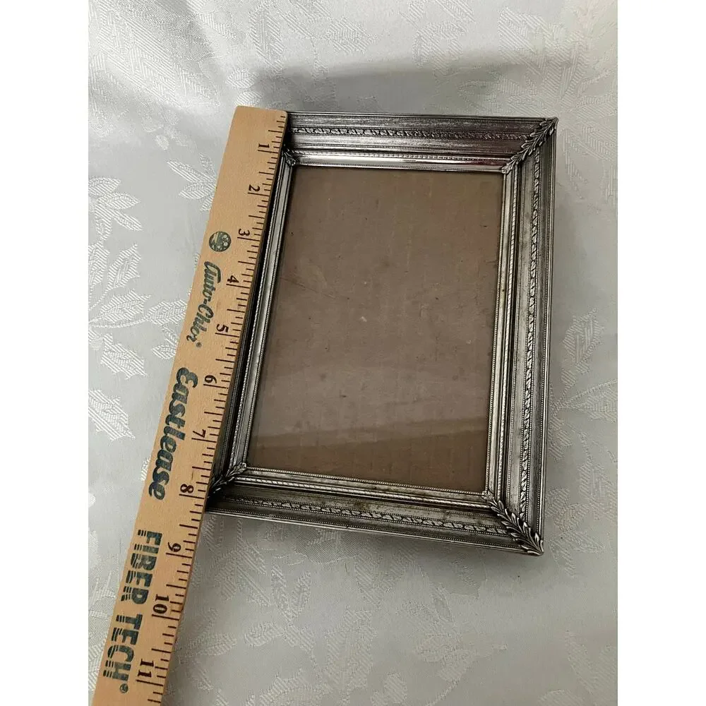 Vintage 5x7 Silver Tone Metal Picture Frame Ornate Embossed Tabletop Easel